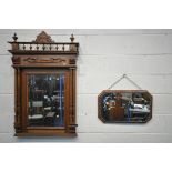 A FRENCH WALNUT OVERMANTEL MIRROR, with twin fluted pillars, 75cm x 115cm, and a walnut etched