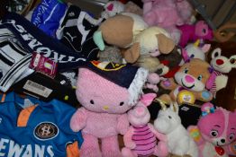 TWO BOXES OF RUGBY TOPS AND SOFT TOYS, to include a Villa scarf, three St. Helens rugby tops,