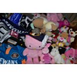 TWO BOXES OF RUGBY TOPS AND SOFT TOYS, to include a Villa scarf, three St. Helens rugby tops,