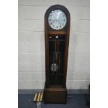 AN ART DECO OAK LONGCASE CLOCK, with Arabic numerals, height 191cm, with three weights and