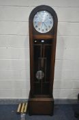 AN ART DECO OAK LONGCASE CLOCK, with Arabic numerals, height 191cm, with three weights and