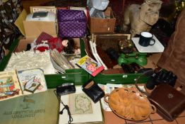 FOUR BOXES AND LOOSE, to include a brown ladies sheepskin jacket ( small tear on lefthand shoulder),