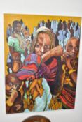 A CONTEMPORARY AFRICAN PAINTING, oil on canvas, height 61cm x width 46cm, depicting men and women,