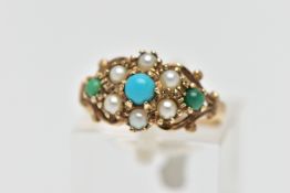 A 9CT GOLD TURQUISE AND SEED PEARL CLUSTER RING, the circular turquoise green and blue cabochons