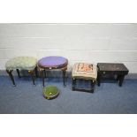 A SELECTION OF STOOLS, of various ages, styles and materials, to include 17th century oak stool with