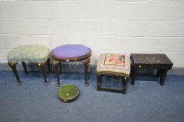 A SELECTION OF STOOLS, of various ages, styles and materials, to include 17th century oak stool with