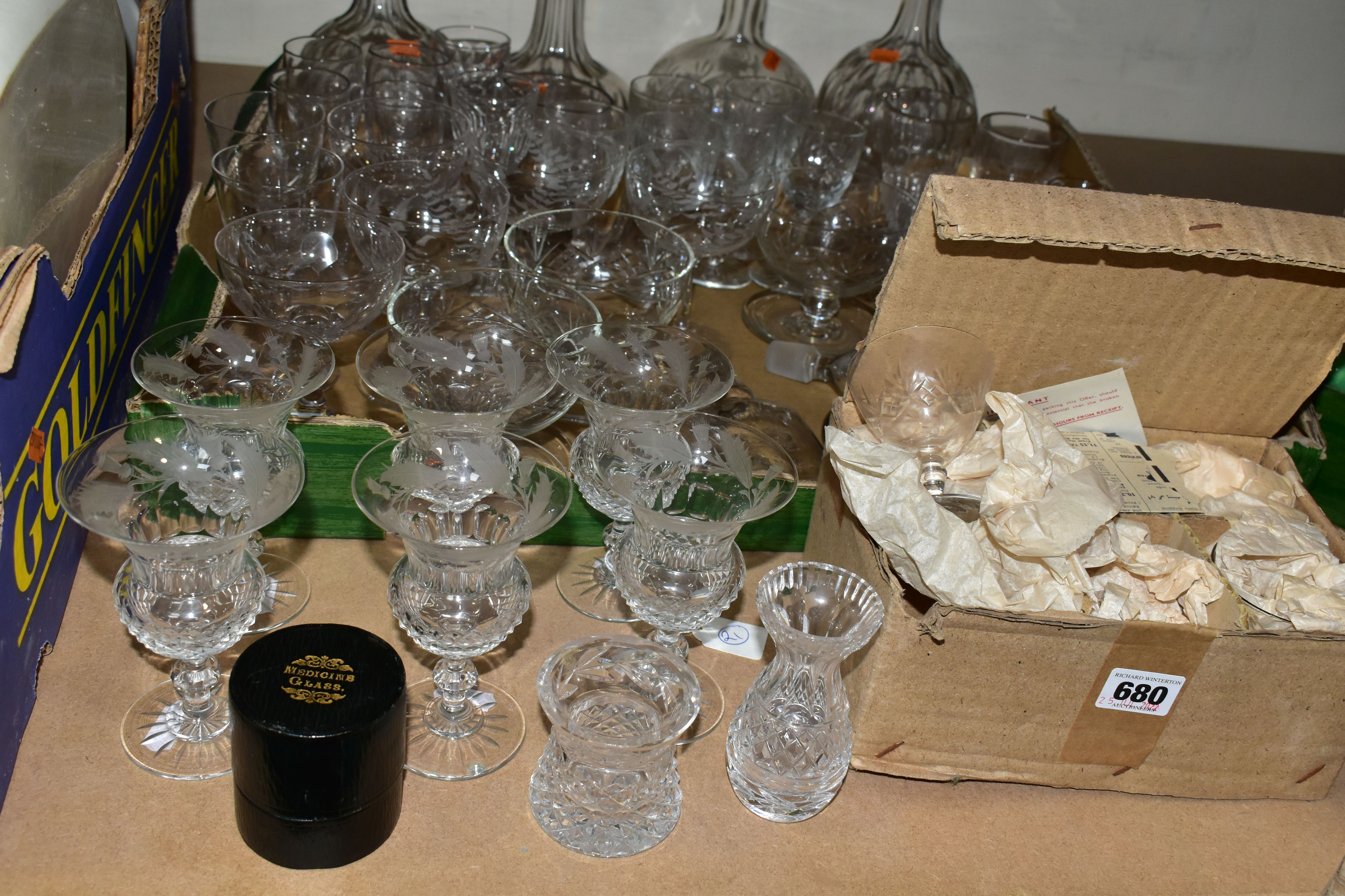 TWO BOXES AND LOOSE GLASSWARES, to include two small Waterford Crystal Glandore pattern vases,