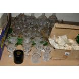 TWO BOXES AND LOOSE GLASSWARES, to include two small Waterford Crystal Glandore pattern vases,