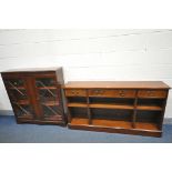 A LOW MAHOGANY OPEN BOOKCASE, with three drawers, width 153cm x depth 32cm x height 83cm, a mahogany