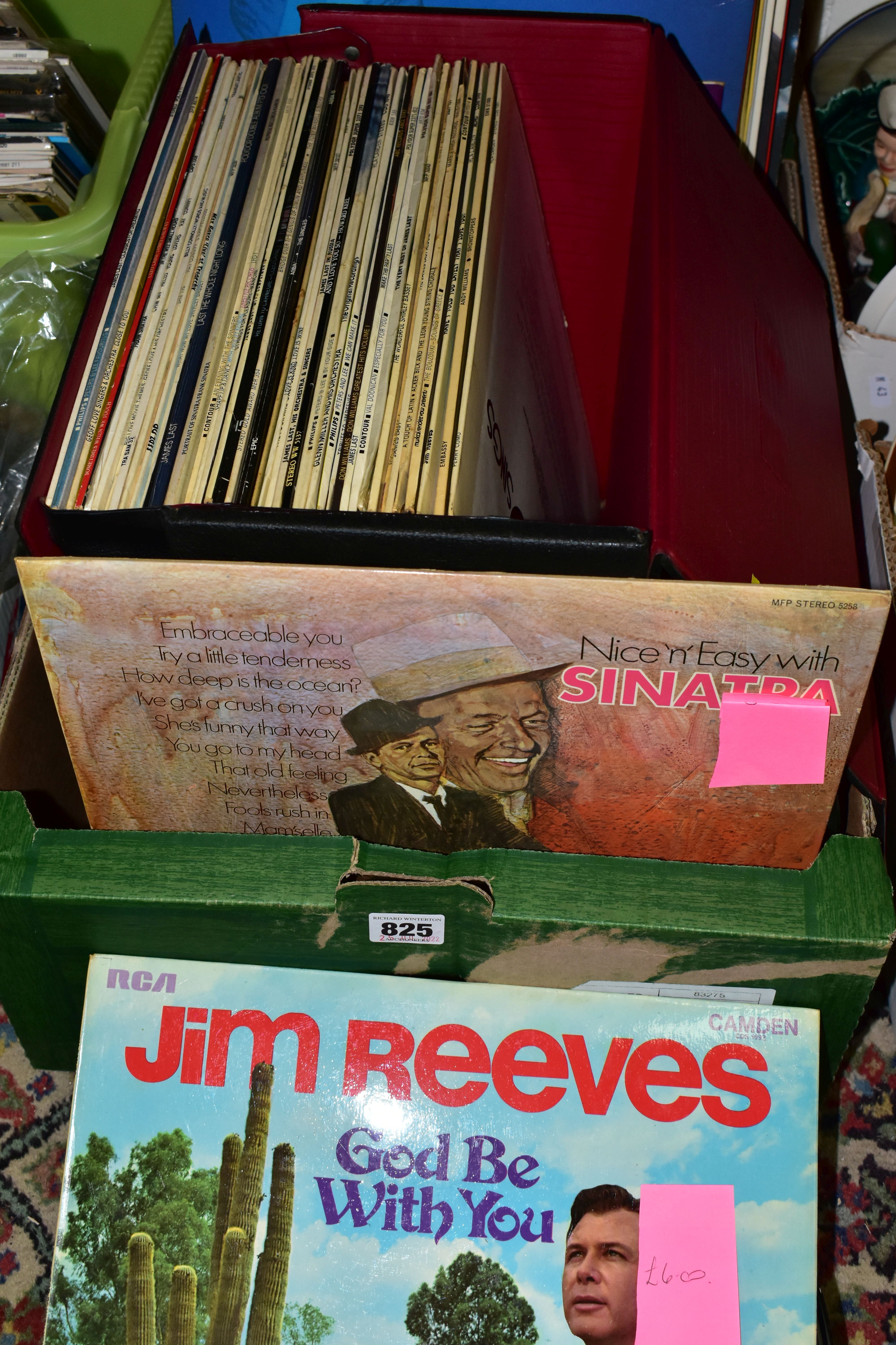 A TRAY CONTAINING APPROX SIXTY LPs AND SINGLES artists include Frank Sinatra, ABBA, Glenn Miller,