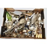 AN ASSORTMENT OF CUTLERY AND WHITE METAL SUNDRIES, to include a pair of bread tongs, several cake