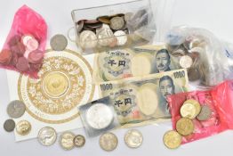 A SMALL BOX CONTAINING MAINLY 20TH CENTURY WORLD COINS, to Include two Japan 1000 Yen 1990s