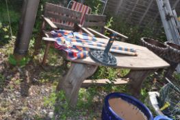 A HATTERSLEY'S HARDWOOD GARDEN TABLE 153cm long with a pair of matching chairs along with a cast