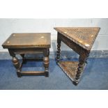 A 20TH CENTURY CARVED OAK TRIANGULAR OCCASIONAL TABLE, each side measuring 54cm x height 56cm, along