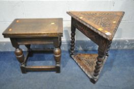 A 20TH CENTURY CARVED OAK TRIANGULAR OCCASIONAL TABLE, each side measuring 54cm x height 56cm, along