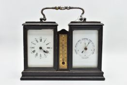 A LATE 19TH CENTURY EBONISED WOOD CLOCK, BAROMETER AND THERMOMETER AF, the French ebonised