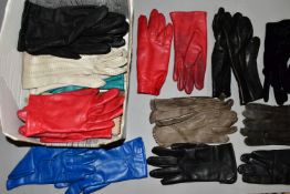 A BOX OF LADIES' GLOVES, sixteen pairs, mainly leather, varied colours (1 box) (sd)