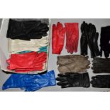 A BOX OF LADIES' GLOVES, sixteen pairs, mainly leather, varied colours (1 box) (sd)