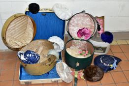 THREE HATBOXES AND A SUITCASE, to include a Revelation 'Rev Robe' suitcase, cream exterior, blue