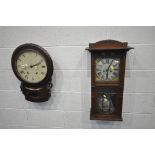 A 19TH CENTURY MAHOGANY DROP DIAL WALL CLOCK with a painted enamel dial, drop 58cm (condition:-