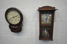 A 19TH CENTURY MAHOGANY DROP DIAL WALL CLOCK with a painted enamel dial, drop 58cm (condition:-