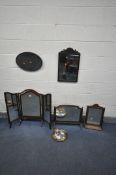 A SELECTION OF MIRRORS, to include a mahogany triple dressing mirror, a swing mirror, a 19th century