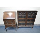 A SLIM REPRODUCTION MAHOGANY BUREAU, with three drawers, on cabriole legs (key) (condition:-fall