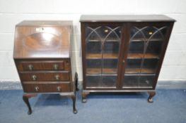 A SLIM REPRODUCTION MAHOGANY BUREAU, with three drawers, on cabriole legs (key) (condition:-fall