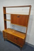 A G PLAN 1960's TEAK ROOM DIVIDER, with an arrangement of shelves, and fall front door, over a