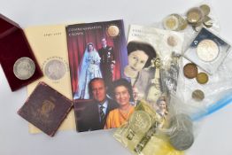 A SMALL BOX CONTAINING COINS AND COMMEMORATIVES, to include 2X Festival of Britain 1951 crowns, a