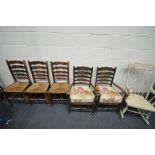 A PAIR OF REPRODUCTION OAK LADDER BACK OPEN ARMCHAIRS, three Lancashire oak ladder back chairs,