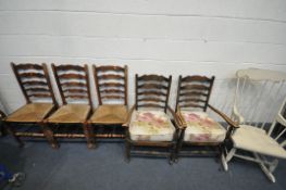 A PAIR OF REPRODUCTION OAK LADDER BACK OPEN ARMCHAIRS, three Lancashire oak ladder back chairs,