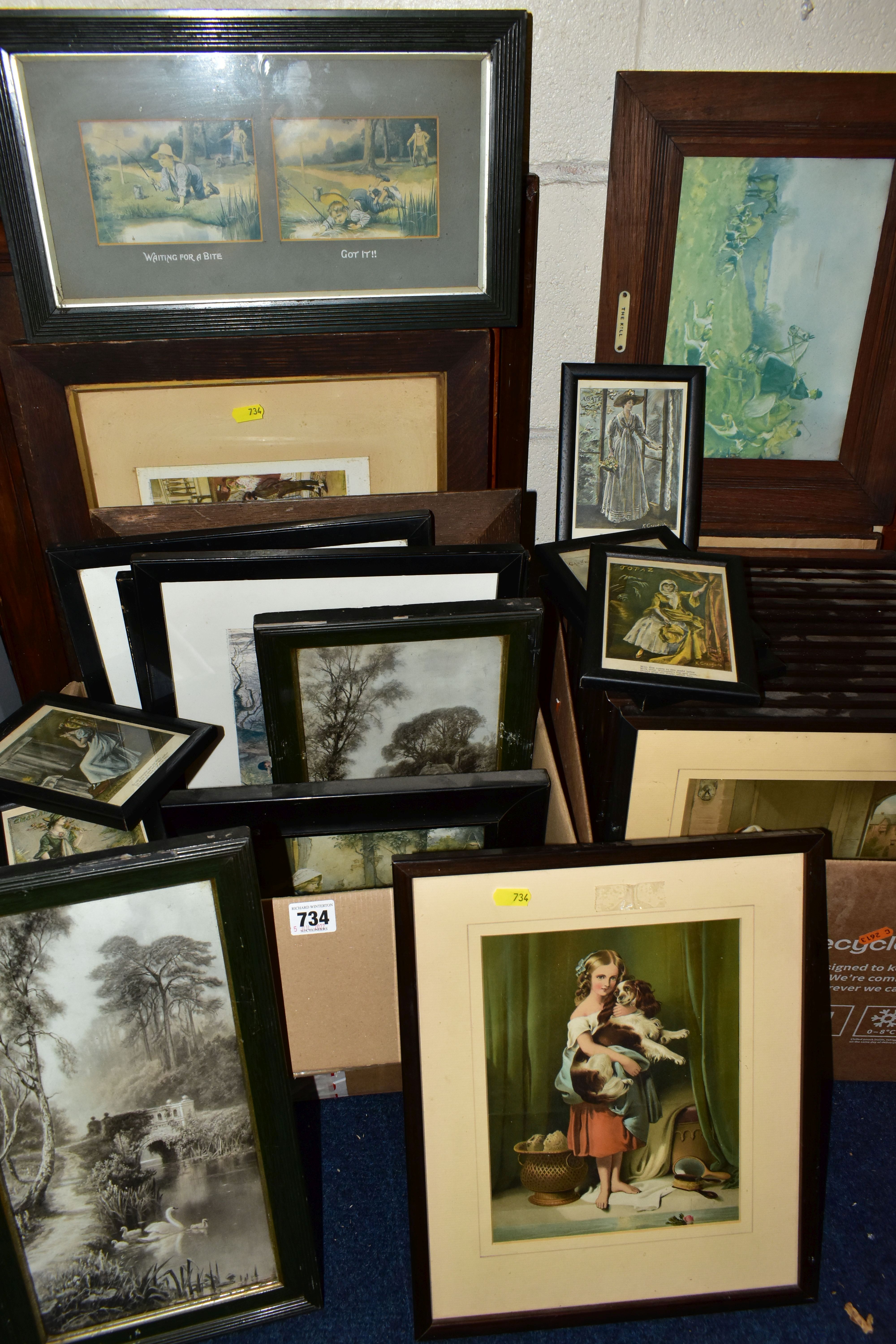 TWO BOXES AND LOOSE PRINTS, to include print reproductions of paintings, dual mounted with a story