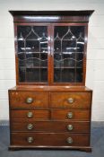 A GEORGE III MAHOGANY SECRETAIRE BOOKCASE, the top with an overhanging cornice, double astragal