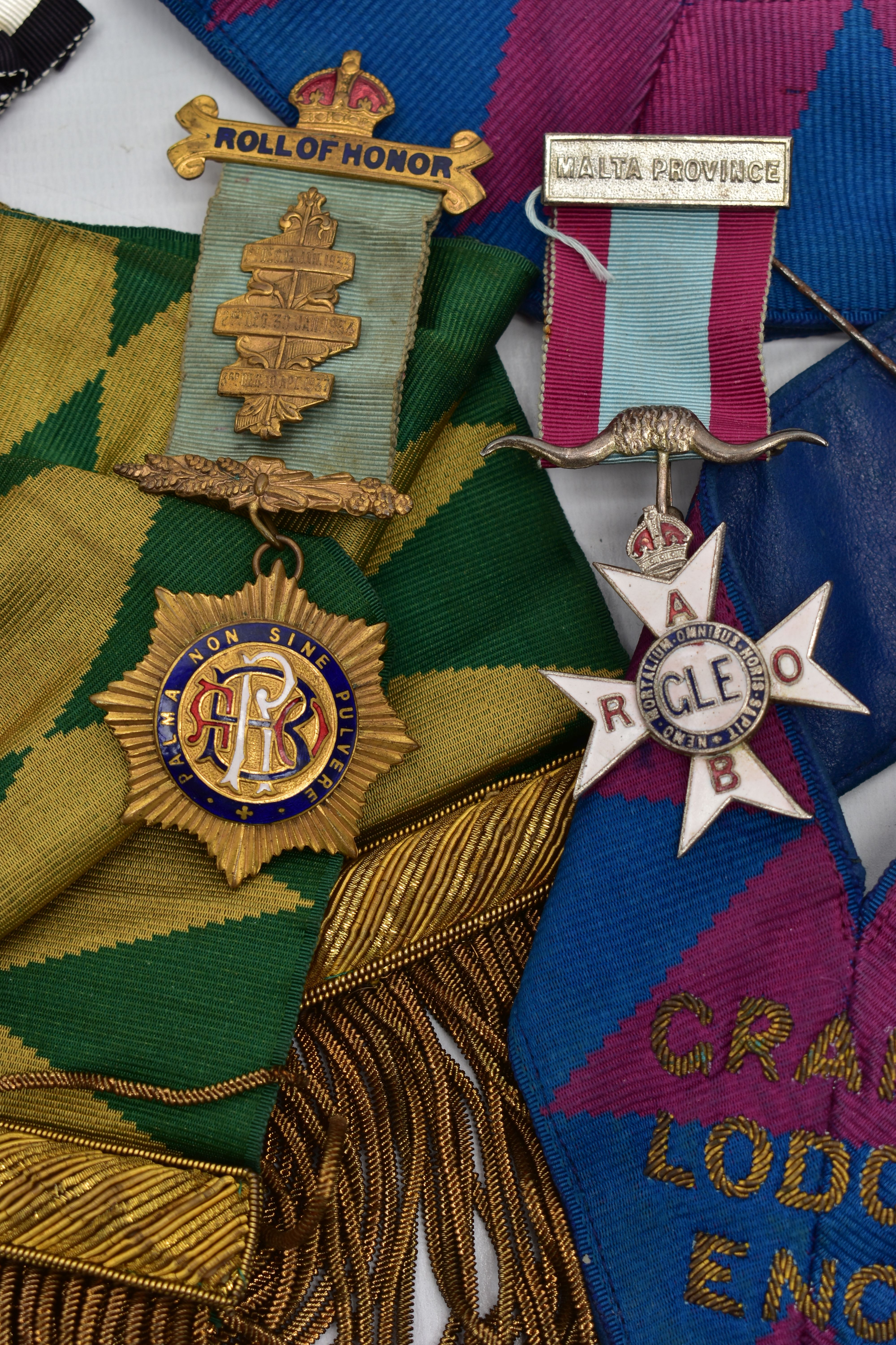 AN ASSORTMENT OF MASONIC MEDALLIONS AND SASHES, to include a yellow metal 'Roll of Honor' - Image 3 of 3