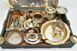 A THREE PIECE TEA SERVICE SET, WITH FURTHER WHITE METAL CUTLERY AND SERVING TRAYS, the tea service