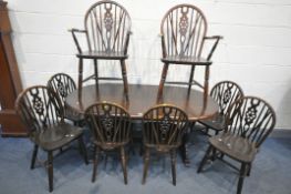 AN OAK TRESTLE DINING TABLE, length 169cm x depth 89cm x height 76cm, along with a matched set of