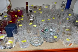 A GROUP OF ASSORTED CUT GLASS AND CRYSTAL, to include two cut glass perfume bottles with silver