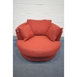 A NEXT RED UPHOLSTERED SWIVEL CHAIR, dimeter 105cm