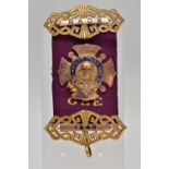 A 9CT GOLD R.A.O.B WITH PURPLE RIBBON, the central panel AF, embossed Buffalo with red enamel