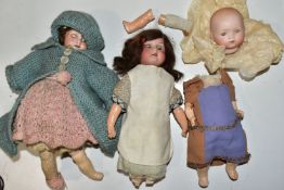 THREE SMALL BISQUE HEAD DOLLS, to include Armand Marseille baby doll, nape of neck marked 'A.M.