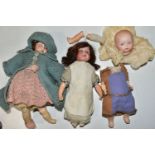 THREE SMALL BISQUE HEAD DOLLS, to include Armand Marseille baby doll, nape of neck marked 'A.M.