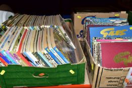 THREE BOXES OF BOOKS, to include approximately eighty Giles cartoon books and collectors editions,