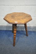A 19TH CENTURY OR EARLIER BURR WALNUT OCTAGONAL SIDE TABLE, on tapered bobbin turned legs, restorers