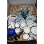 TWO BOXES OF TEA WARES AND CUT GLASS ETC, to include six Royal Doulton Biscay cups and saucers,