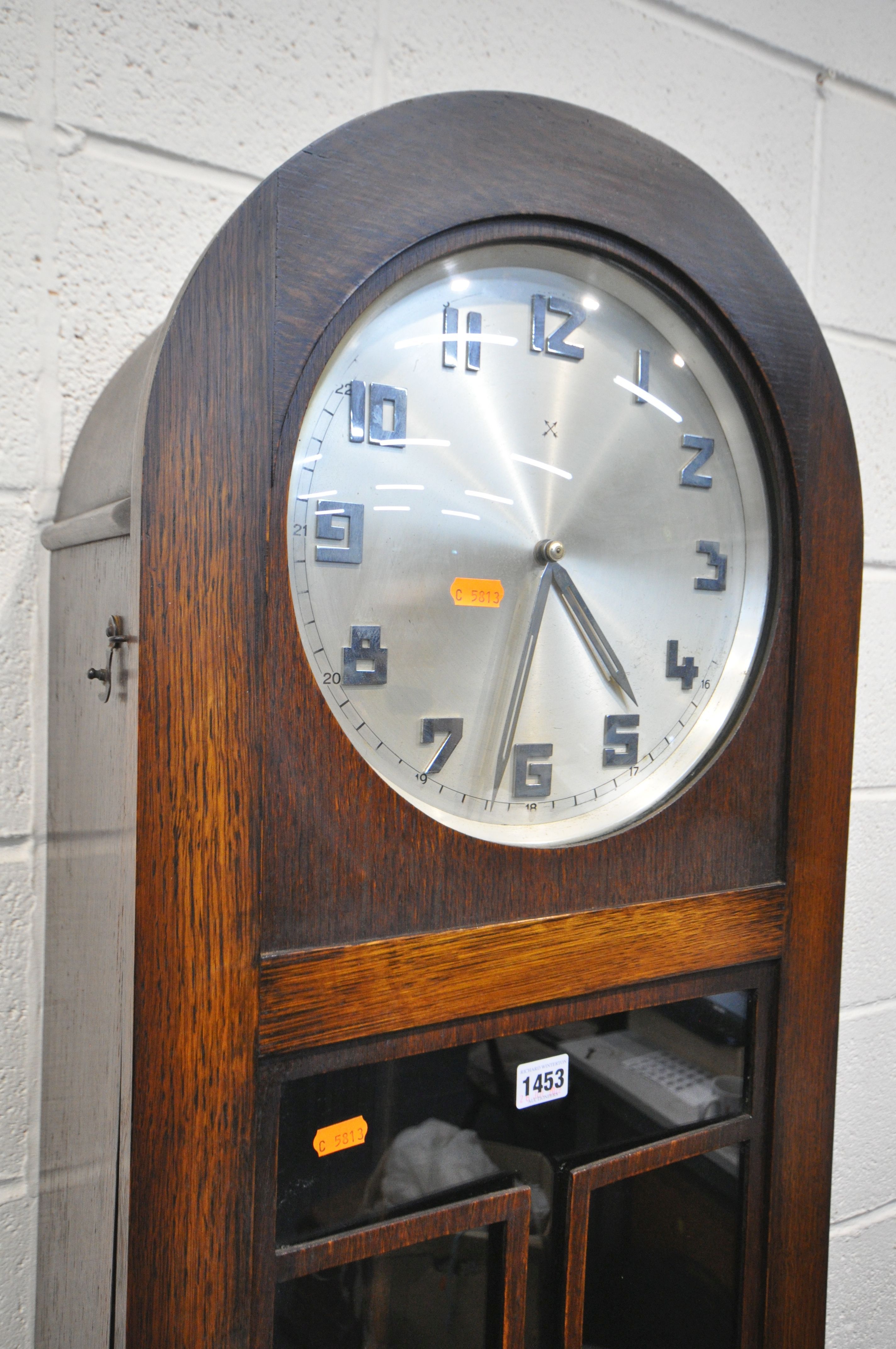 AN ART DECO OAK LONGCASE CLOCK, with Arabic numerals, height 191cm, with three weights and - Image 2 of 4