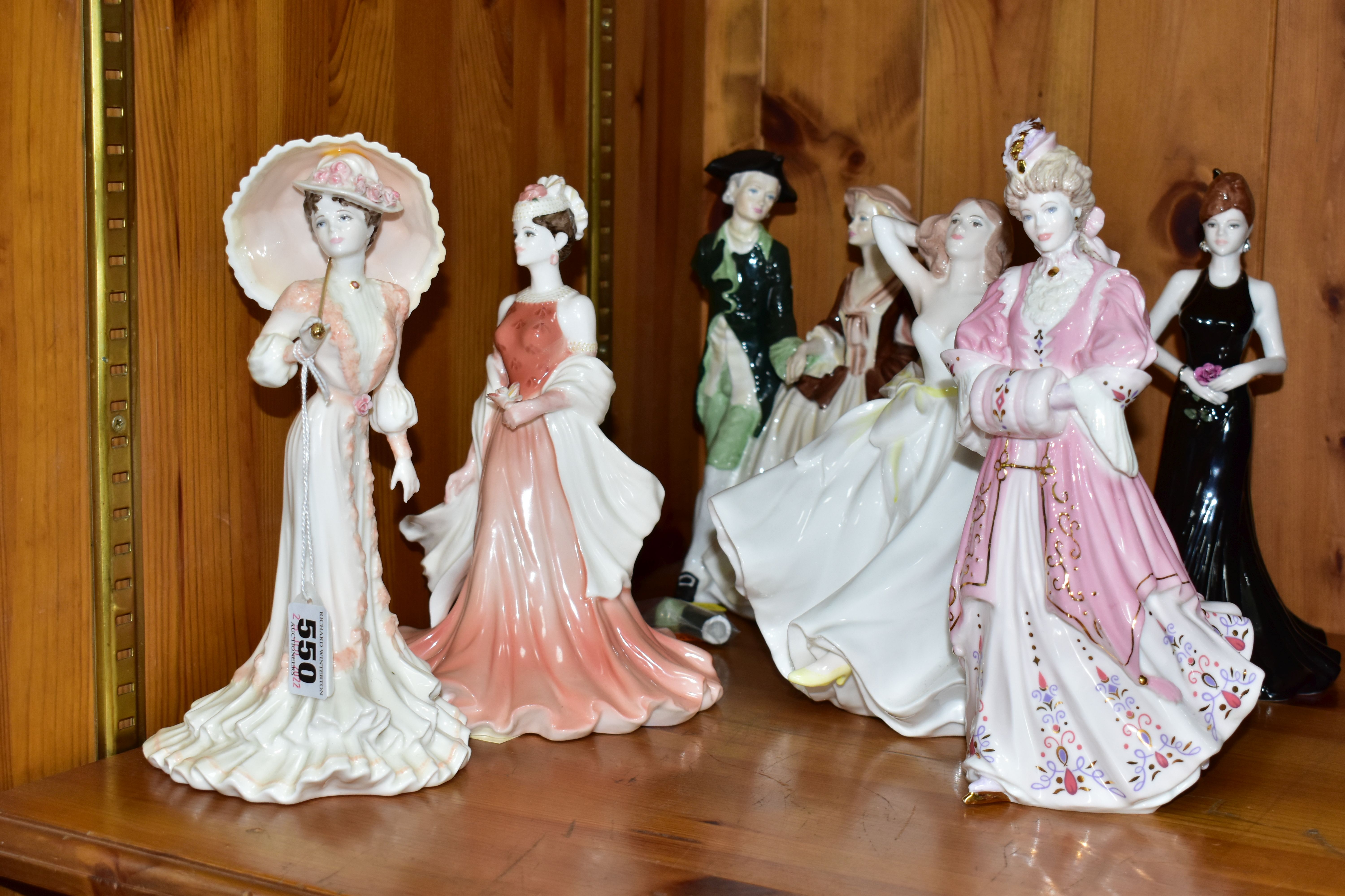 SIX COALPORT FIGURINES/FIGURE GROUP, comprising limited edition Lady Harriet 2857/12500, limited