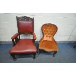 AN EDWARDIAN MAHOGANY OPEN ARMCHAIR, with red leather upholstery, on cylindrical tapered legs, along