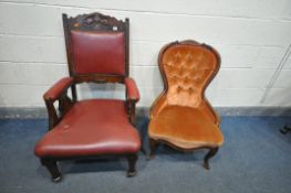 AN EDWARDIAN MAHOGANY OPEN ARMCHAIR, with red leather upholstery, on cylindrical tapered legs, along