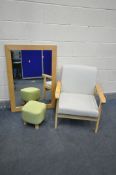 A MODERN BEECH OPEN ARMCHAIR, along with a wall mirror and a footstool (3)